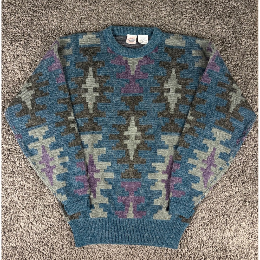 Vintage 90s Bayarea Traders Southwestern Geometric Knit Sweater Blue Purple M